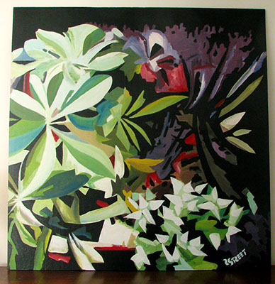 Acrylic painting of colrful plants on black background