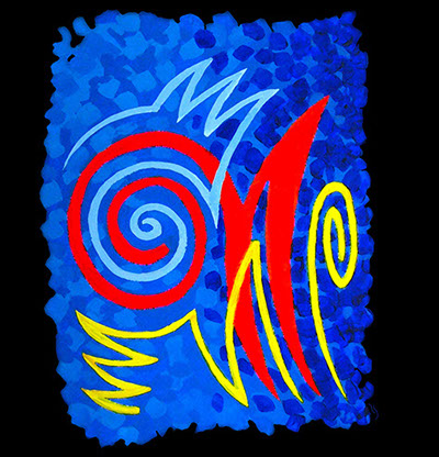 Modern abstract painting by Randall Street in blues, red and yellow