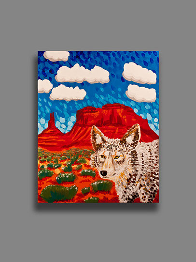 acrylic painting blues and reds of coyote in arizona scenery