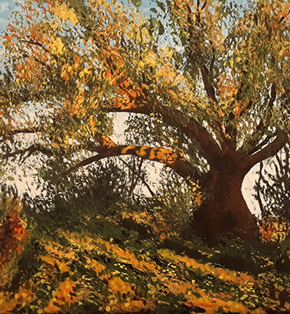abstract acrylic painting of tree on the hill in fall
