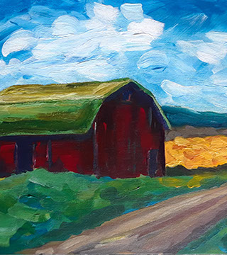 modern acrylic painting of red barn with green roof