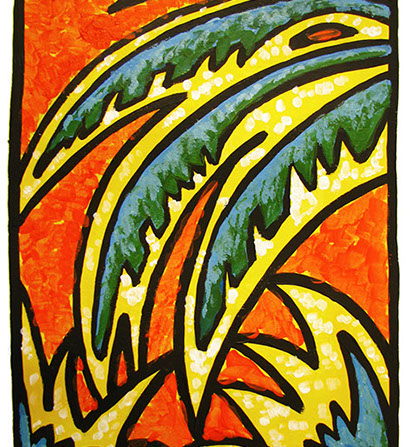 Gouache art of palm leaves in orange, yellow and green