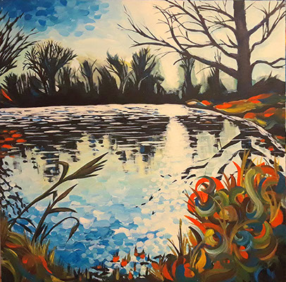 modern acrylic painting of lakeside in the late fall