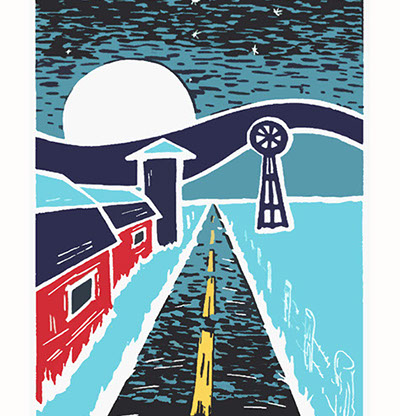 printmaking art of farm and rising moon and big dipper stars in blue and turquois.