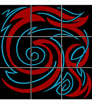 Abstract art design by Randall street in red, black and light blue.