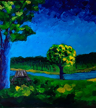 picnic table by the lake in blues and greens modern acrylic painting